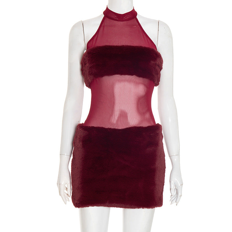 Holiday Glam Burgundy Faux Fur Mesh Halter Mini Dress - Your Festive Party Season Must-Have!