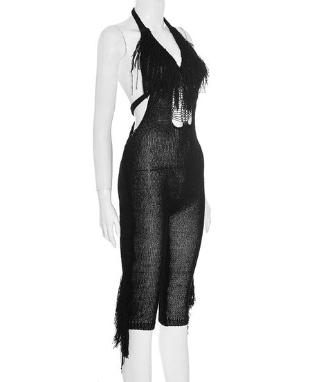 Black Fringe Halter Cutout Jumpsuit - Edgy Fall Nights & Halloween Party Statement