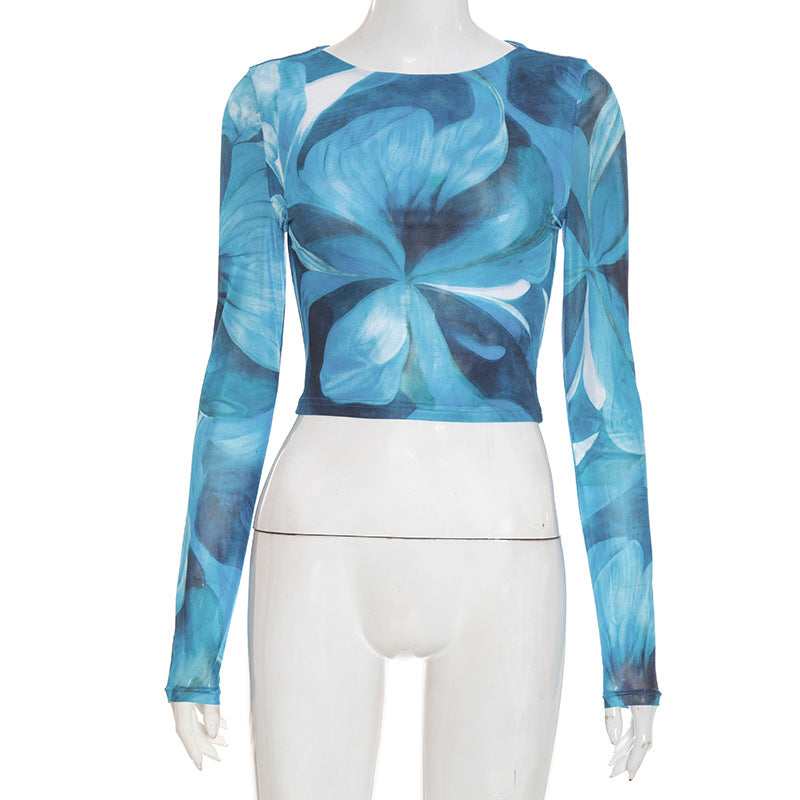 Trendy Fall Bloom Mesh Long Sleeve Crop Top - Chic Teal Floral Statement Piece