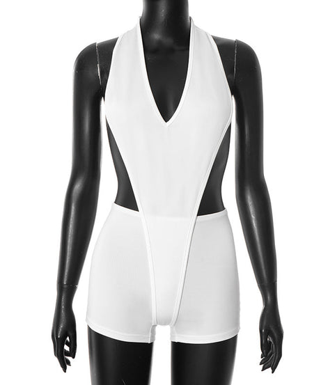 Daring Deep V Halter Cutout Romper | Black Backless Clubwear Playsuit for Fall Nights