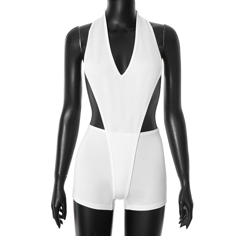 Daring Deep V Halter Cutout Romper | Black Backless Clubwear Playsuit for Fall Nights