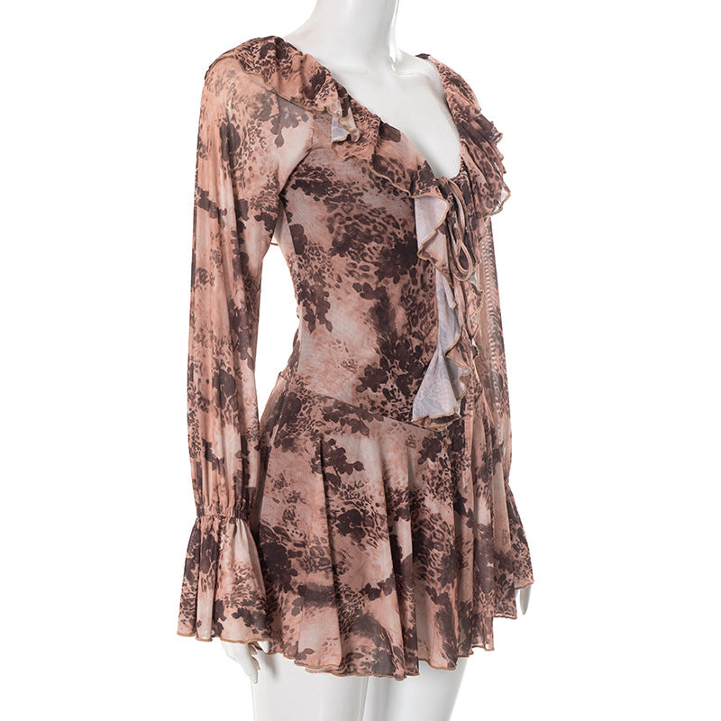 Wild Romance Ruffle Mesh Mini Dress - Autumn's Must-Have Long Sleeve Leopard Print Tunic