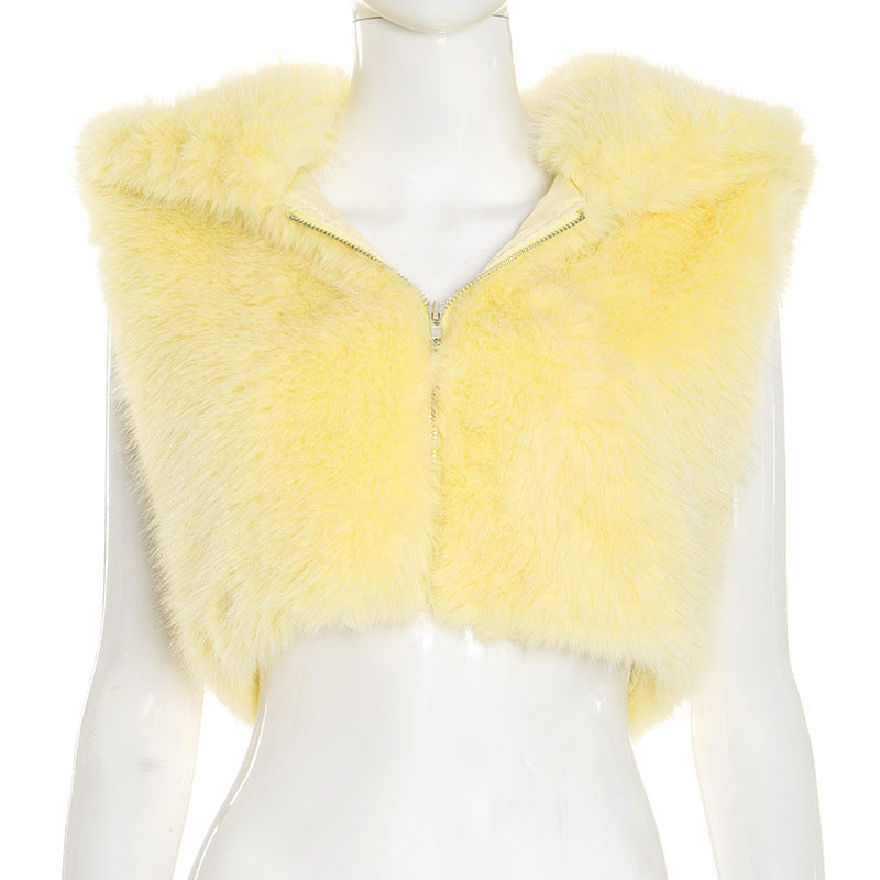 Radiant Yellow Faux Fur Vest | Cozy Zip-Up Fall Layer for American Women