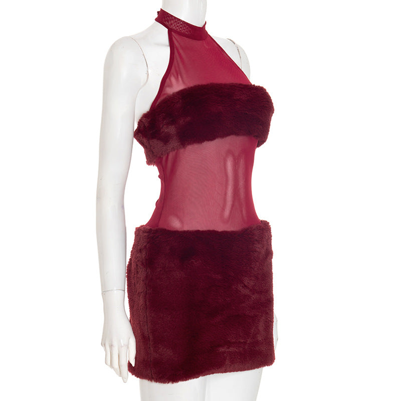 Holiday Glam Burgundy Faux Fur Mesh Halter Mini Dress - Your Festive Party Season Must-Have!