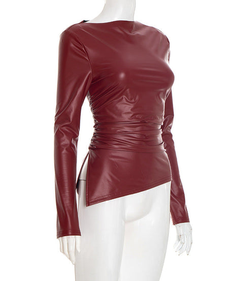 Chic Burgundy Faux Leather Asymmetrical Ruched Top – Fall & Holiday Ready