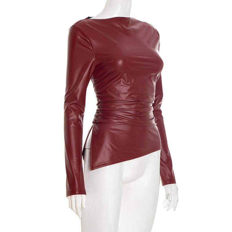Chic Burgundy Faux Leather Asymmetrical Ruched Top – Fall & Holiday Ready