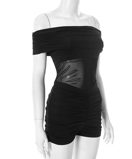 Edgy Elegance: Black Off-Shoulder Ruched Romper with Faux Leather Panel – Your Fall Night Out Essential