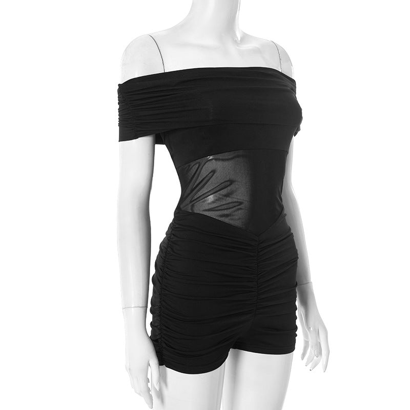 Edgy Elegance: Black Off-Shoulder Ruched Romper with Faux Leather Panel – Your Fall Night Out Essential