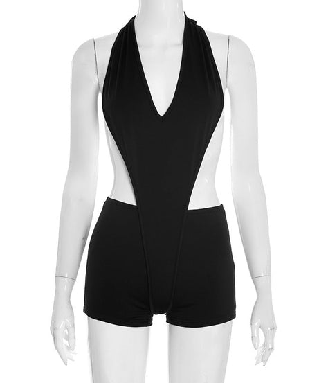 Daring Deep V Halter Cutout Romper | Black Backless Clubwear Playsuit for Fall Nights