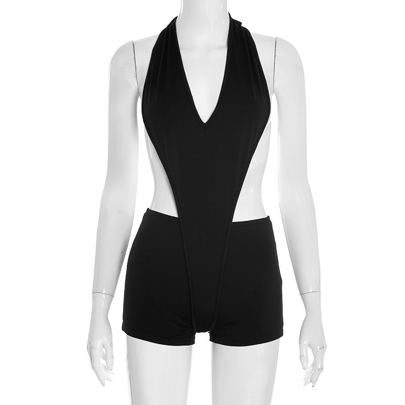 Daring Deep V Halter Cutout Romper | Black Backless Clubwear Playsuit for Fall Nights
