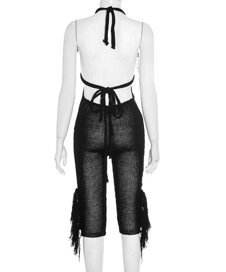 Black Fringe Halter Cutout Jumpsuit - Edgy Fall Nights & Halloween Party Statement