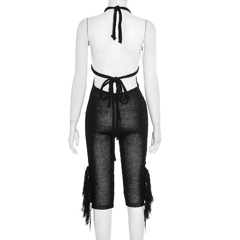 Black Fringe Halter Cutout Jumpsuit - Edgy Fall Nights & Halloween Party Statement