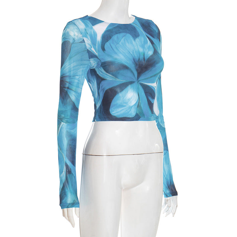 Trendy Fall Bloom Mesh Long Sleeve Crop Top - Chic Teal Floral Statement Piece