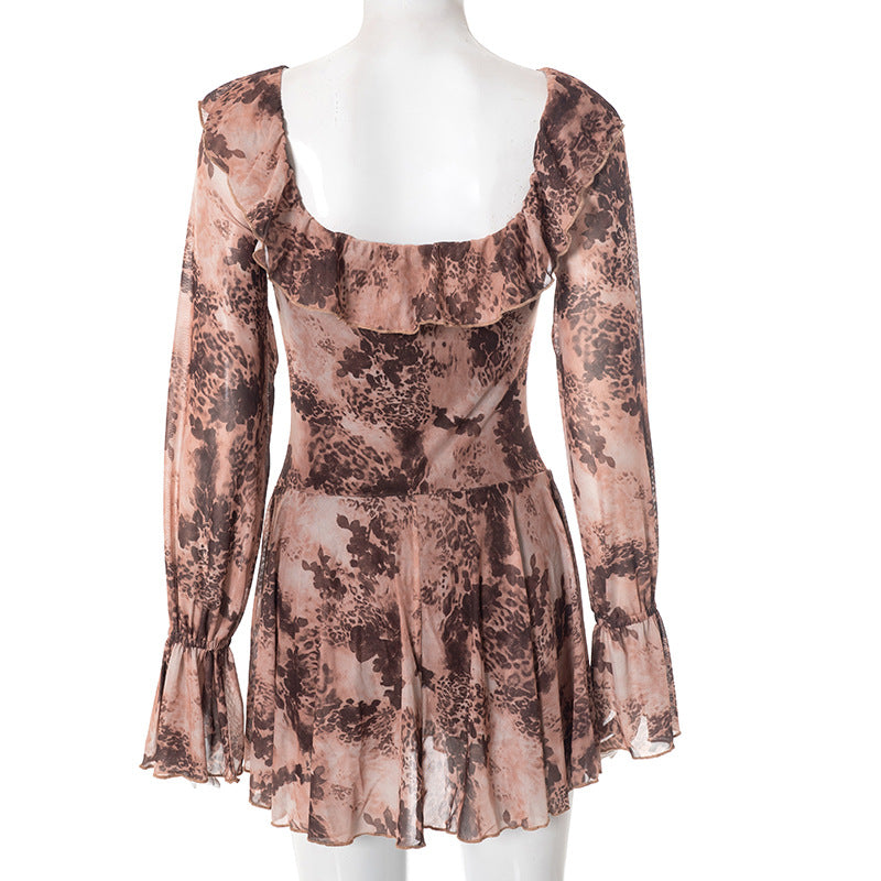 Wild Romance Ruffle Mesh Mini Dress - Autumn's Must-Have Long Sleeve Leopard Print Tunic