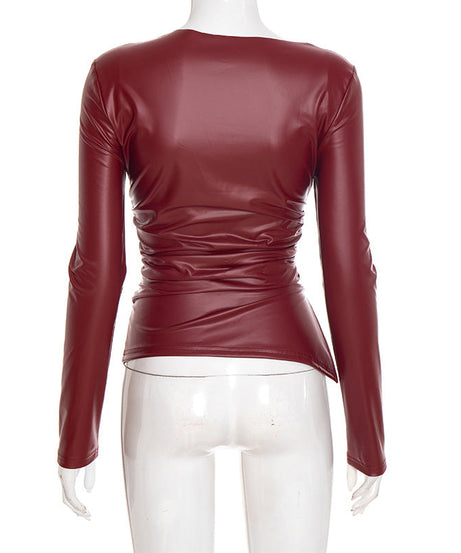Chic Burgundy Faux Leather Asymmetrical Ruched Top – Fall & Holiday Ready