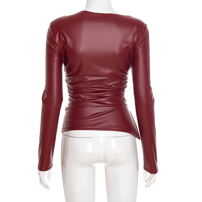 Chic Burgundy Faux Leather Asymmetrical Ruched Top – Fall & Holiday Ready
