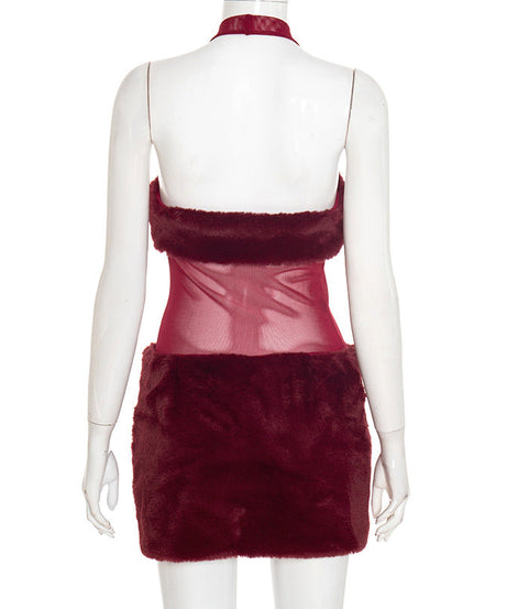 Holiday Glam Burgundy Faux Fur Mesh Halter Mini Dress - Your Festive Party Season Must-Have!