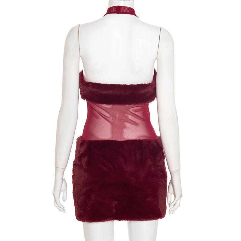 Holiday Glam Burgundy Faux Fur Mesh Halter Mini Dress - Your Festive Party Season Must-Have!