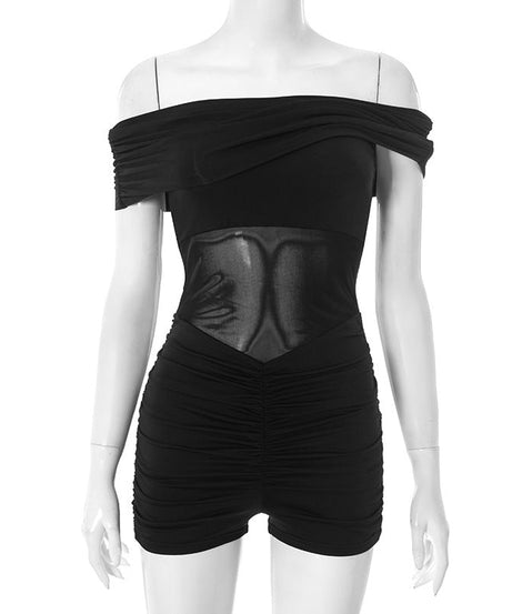 Edgy Elegance: Black Off-Shoulder Ruched Romper with Faux Leather Panel – Your Fall Night Out Essential