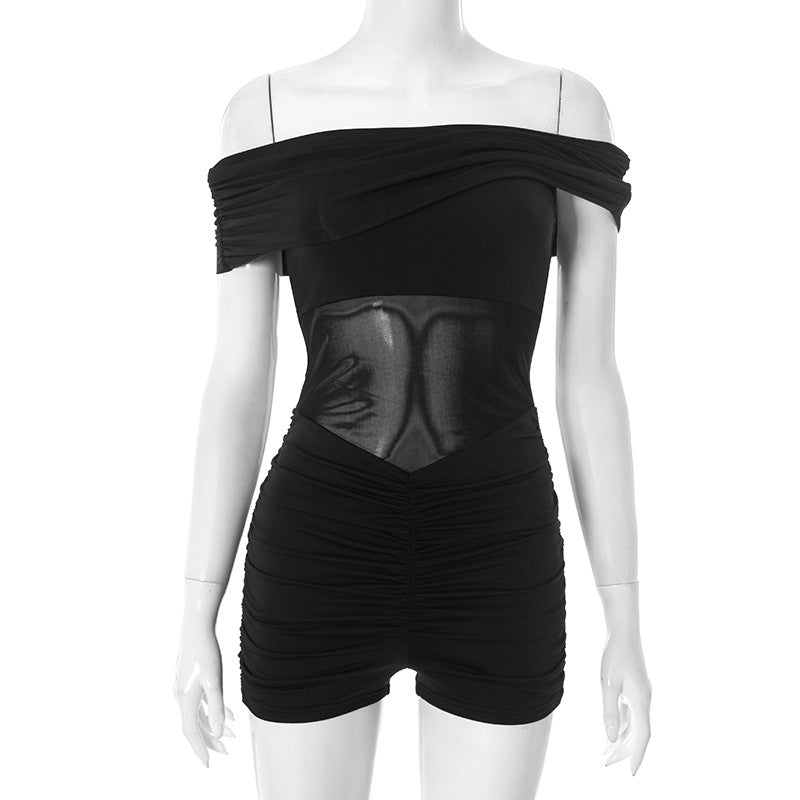 Edgy Elegance: Black Off-Shoulder Ruched Romper with Faux Leather Panel – Your Fall Night Out Essential