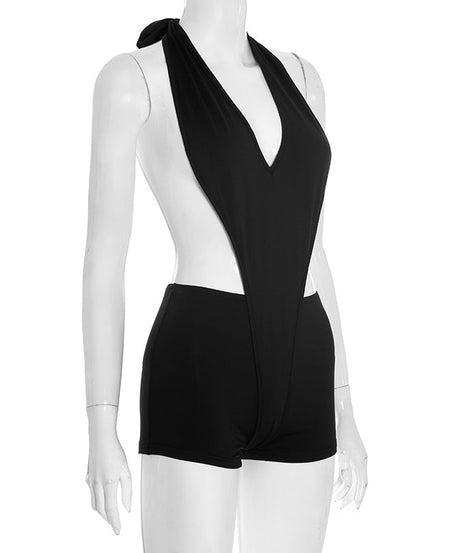 Daring Deep V Halter Cutout Romper | Black Backless Clubwear Playsuit for Fall Nights