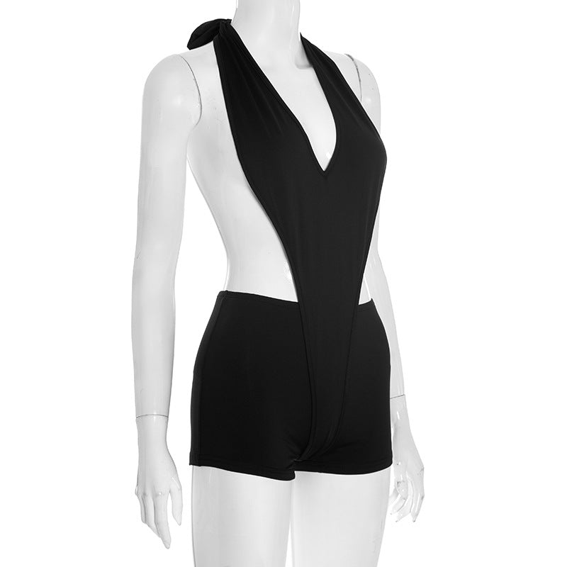 Daring Deep V Halter Cutout Romper | Black Backless Clubwear Playsuit for Fall Nights