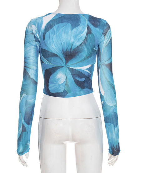 Trendy Fall Bloom Mesh Long Sleeve Crop Top - Chic Teal Floral Statement Piece