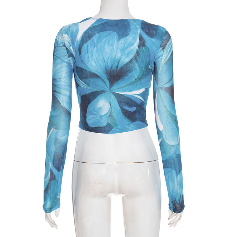 Trendy Fall Bloom Mesh Long Sleeve Crop Top - Chic Teal Floral Statement Piece