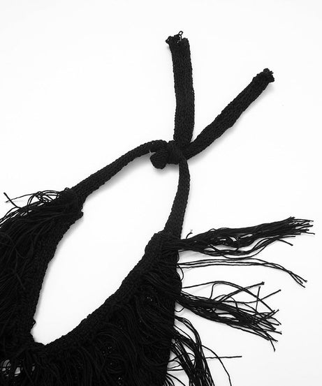 Black Fringe Halter Cutout Jumpsuit - Edgy Fall Nights & Halloween Party Statement