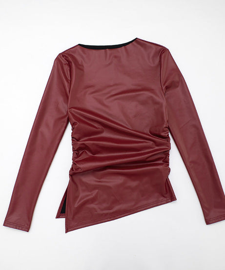 Chic Burgundy Faux Leather Asymmetrical Ruched Top – Fall & Holiday Ready