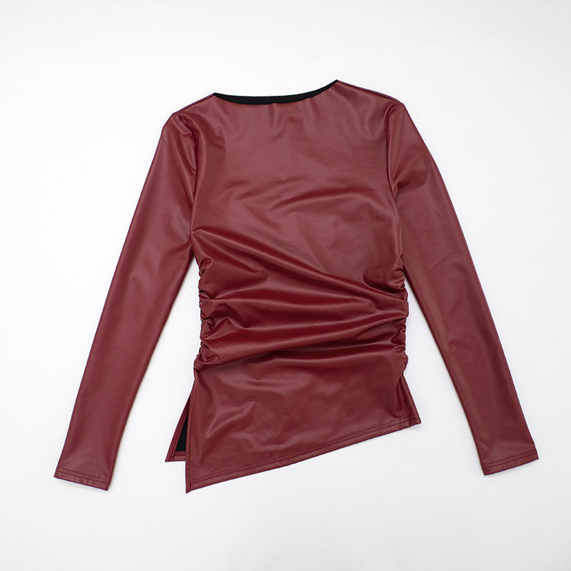 Chic Burgundy Faux Leather Asymmetrical Ruched Top – Fall & Holiday Ready