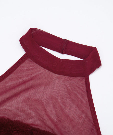 Holiday Glam Burgundy Faux Fur Mesh Halter Mini Dress - Your Festive Party Season Must-Have!