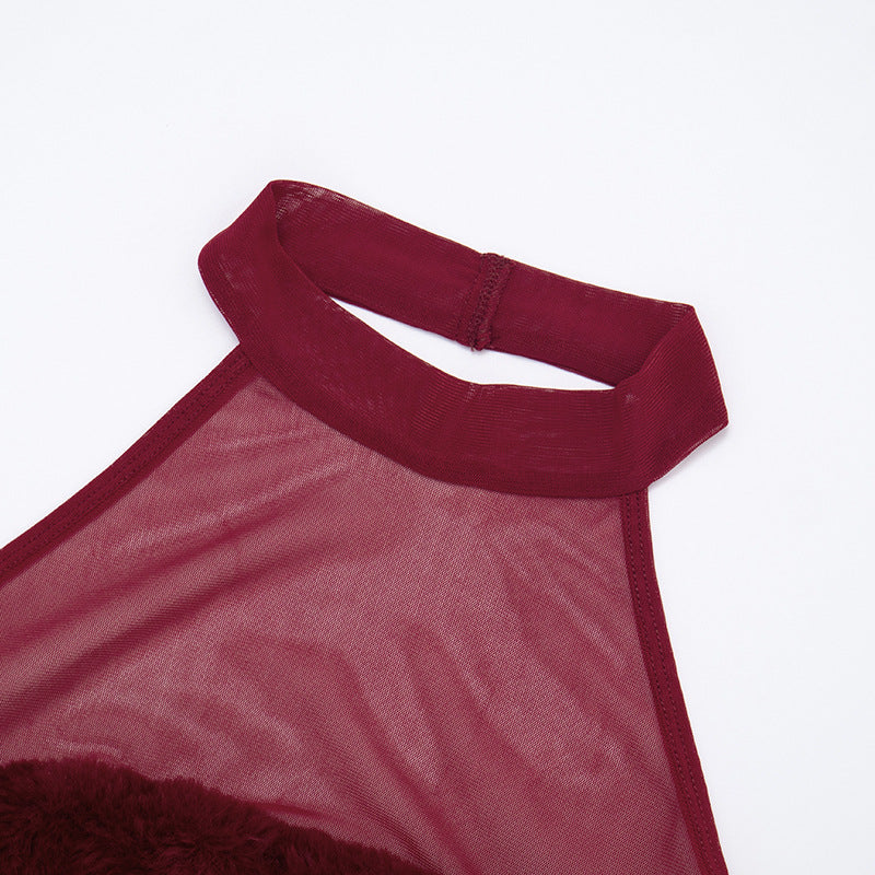 Holiday Glam Burgundy Faux Fur Mesh Halter Mini Dress - Your Festive Party Season Must-Have!