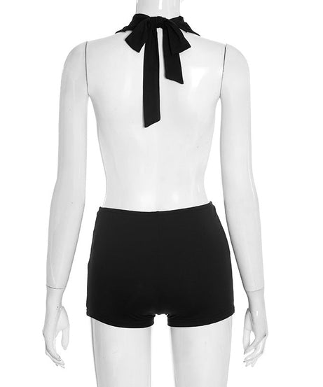 Daring Deep V Halter Cutout Romper | Black Backless Clubwear Playsuit for Fall Nights