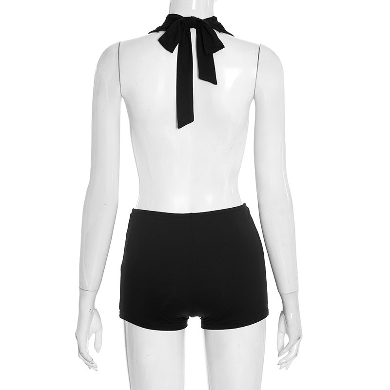 Daring Deep V Halter Cutout Romper | Black Backless Clubwear Playsuit for Fall Nights