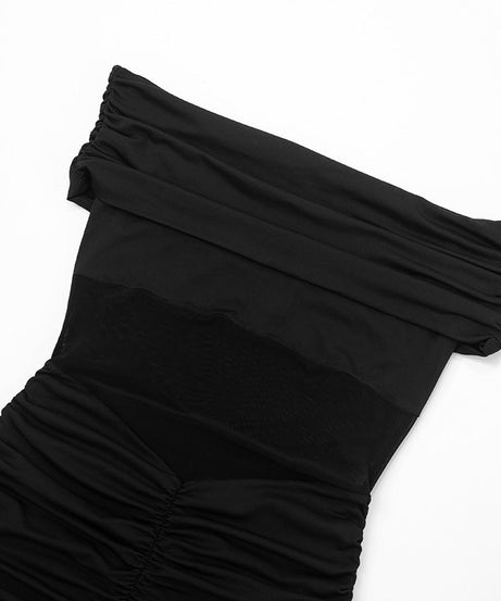 Edgy Elegance: Black Off-Shoulder Ruched Romper with Faux Leather Panel – Your Fall Night Out Essential