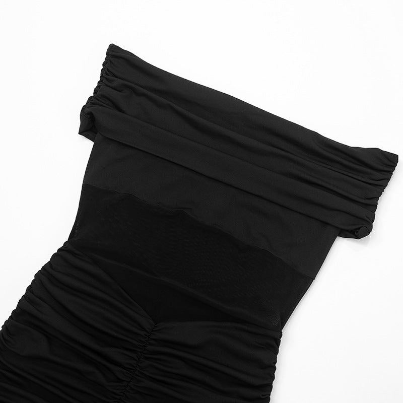 Edgy Elegance: Black Off-Shoulder Ruched Romper with Faux Leather Panel – Your Fall Night Out Essential