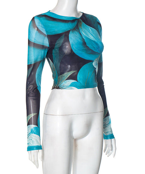 Trendy Fall Bloom Mesh Long Sleeve Crop Top - Chic Teal Floral Statement Piece