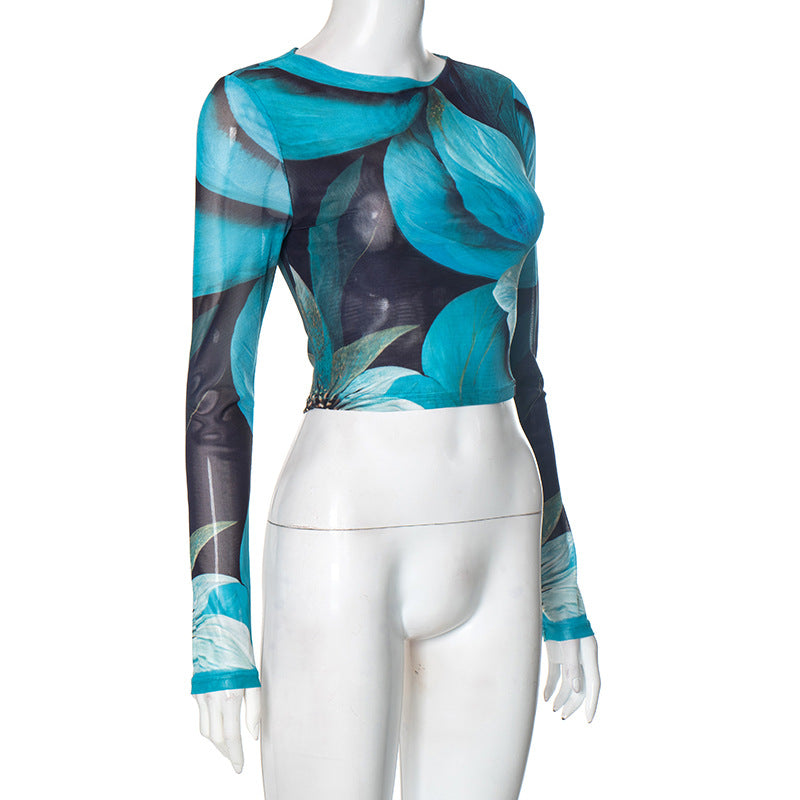 Trendy Fall Bloom Mesh Long Sleeve Crop Top - Chic Teal Floral Statement Piece