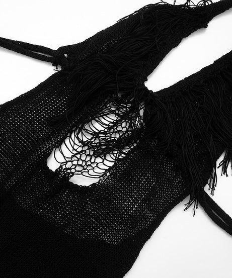 Black Fringe Halter Cutout Jumpsuit - Edgy Fall Nights & Halloween Party Statement