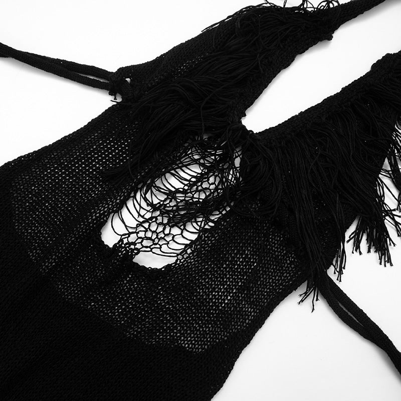 Black Fringe Halter Cutout Jumpsuit - Edgy Fall Nights & Halloween Party Statement
