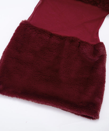 Holiday Glam Burgundy Faux Fur Mesh Halter Mini Dress - Your Festive Party Season Must-Have!