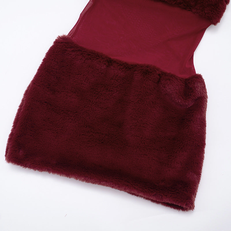 Holiday Glam Burgundy Faux Fur Mesh Halter Mini Dress - Your Festive Party Season Must-Have!