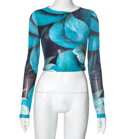 Trendy Fall Bloom Mesh Long Sleeve Crop Top - Chic Teal Floral Statement Piece