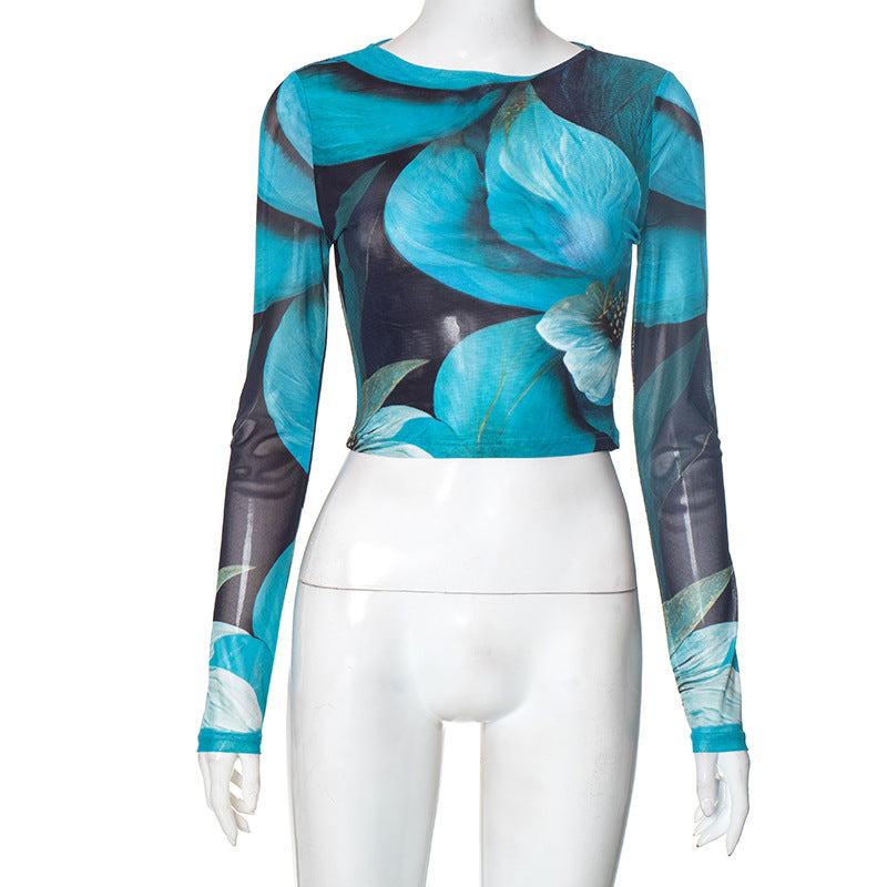 Trendy Fall Bloom Mesh Long Sleeve Crop Top - Chic Teal Floral Statement Piece