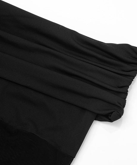 Edgy Elegance: Black Off-Shoulder Ruched Romper with Faux Leather Panel – Your Fall Night Out Essential