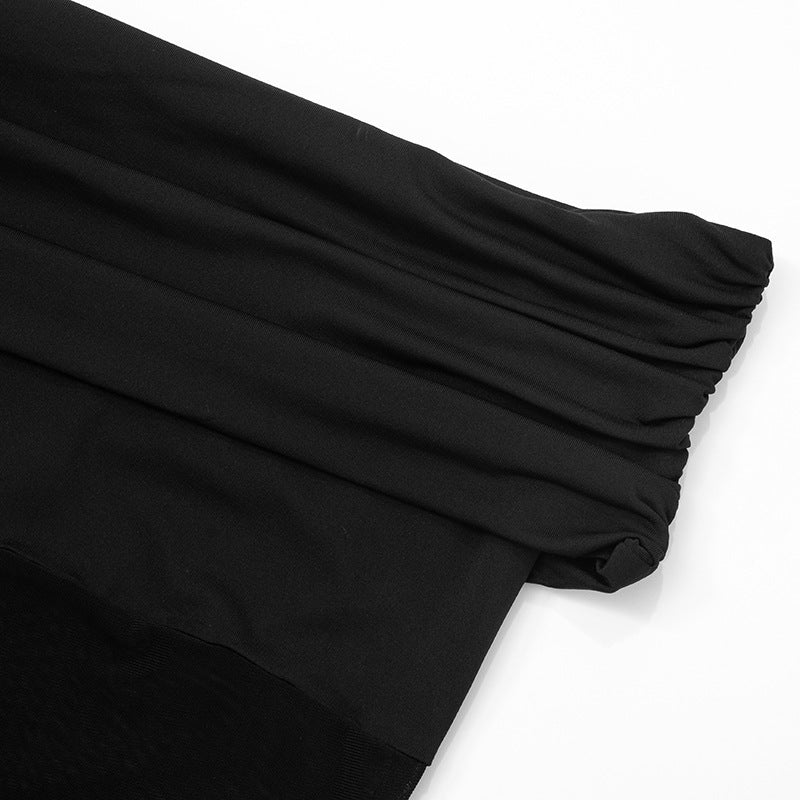 Edgy Elegance: Black Off-Shoulder Ruched Romper with Faux Leather Panel – Your Fall Night Out Essential