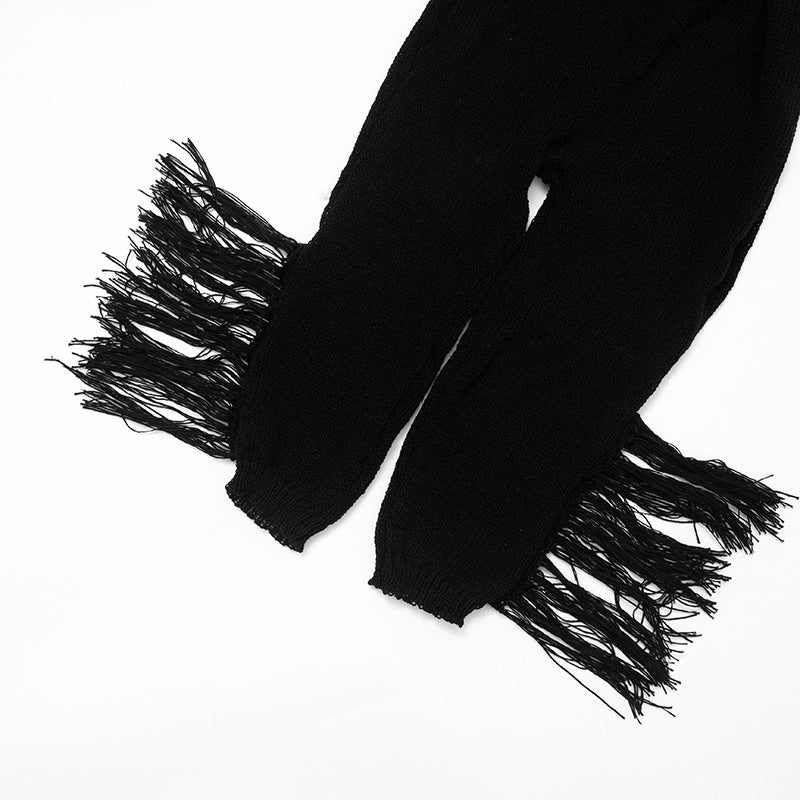 Black Fringe Halter Cutout Jumpsuit - Edgy Fall Nights & Halloween Party Statement