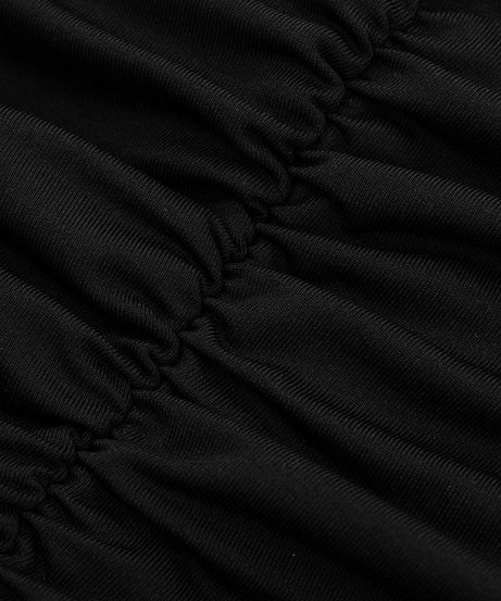 Edgy Elegance: Black Off-Shoulder Ruched Romper with Faux Leather Panel – Your Fall Night Out Essential