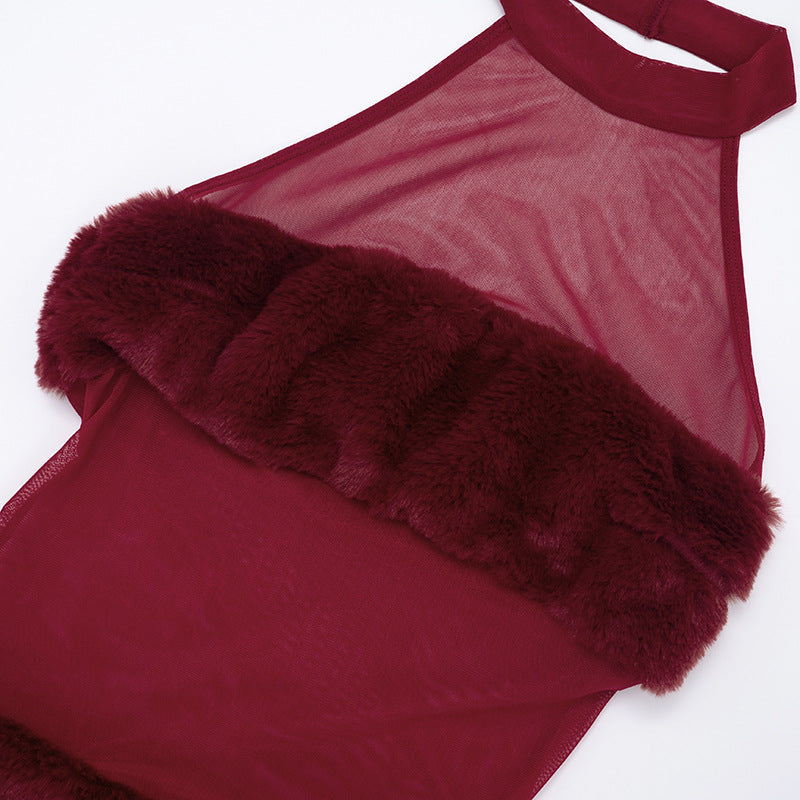 Holiday Glam Burgundy Faux Fur Mesh Halter Mini Dress - Your Festive Party Season Must-Have!